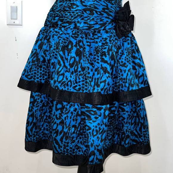 80s AJ Bari Blue and Black Animal Print Strapless Prom Party Dress - Picture 3 of 16